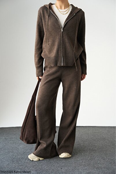 Lupies Kadın Kahverengi Fermuarlı Kapüşonlu Triko Hırka