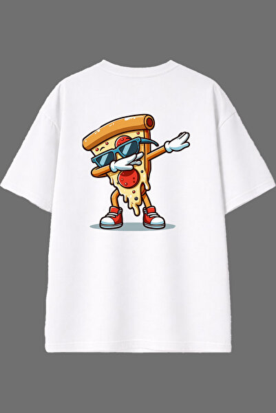VSRN تي شيرت أبيض كبير الحجم بتصميم حركة بيتزا رائعة وطباعة خلفية