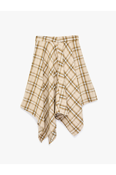 Koton Asymmetrical Cut Plaid Midi Skirt