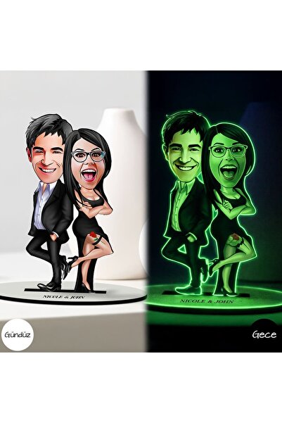 Bk Gift Kişiye Özel Sevgililer Karikatürlü Fosforlu 3D Ahşap Biblo -2, Sevgil...