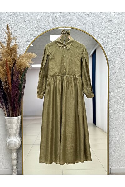 MİHRA STORE Açılay Gold Buttoned Half-Pleated Dress-Şa1146 Oil Green