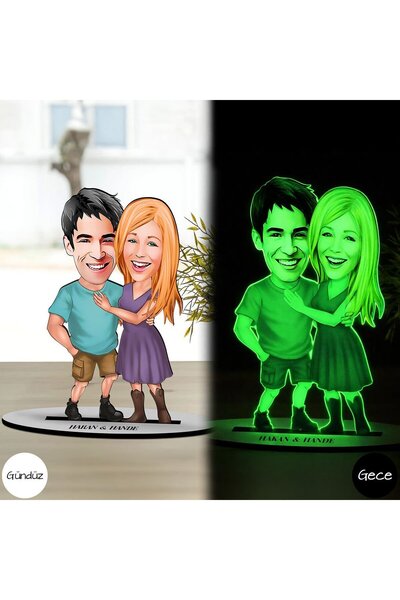 Bk Gift Kişiye Özel Sevgililer Karikatürlü Fosforlu 3D Ahşap Biblo -1, Sevgil...