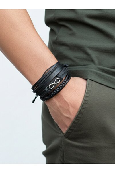 AB Takı Infinity Design 3-Piece Real Leather Bracelet Men's Bracelet Fashion ...