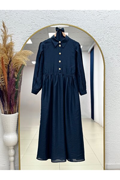 MİHRA STORE Açılay Gold Buttoned Half Placket Dress-Şa1146 Navy Blue