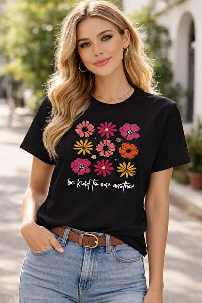 herkesemoda Βασικό T-Shirt με λεπτομέρεια εκτύπωσης λουλουδιών