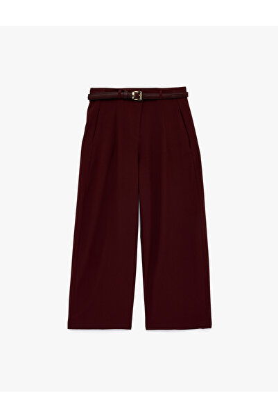 Koton Pleated Belted Wide-Leg Fabric Trousers with Pockets