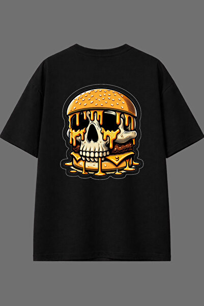 VSRN Tricou oversize negru cu imprimeu pe spate cu design Hamburger Skeleton