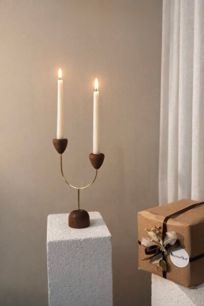 Maison Avf Doğal Ahşap Metal İkili Şamdan Mum Seti