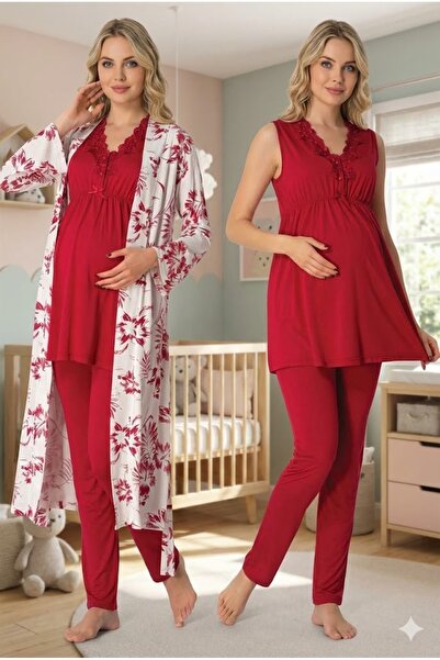 BLACKMORE طقم بيجامة نسائي من القطن المزخرف بالدانتيل الكرزي للحوامل مكون من ...