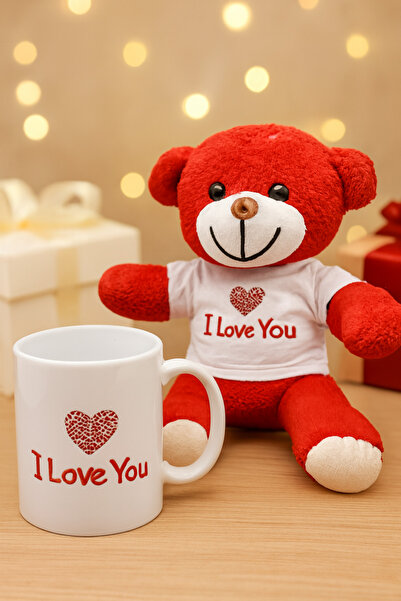 teknohediye I Love You Printed Mug & Red Plush Teddy Bear Gift Set – Valentin...