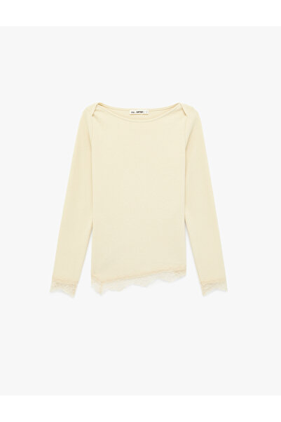 Koton Lace Detailed Asymmetrical Cut Boat Neck Long Sleeve T-Shirt