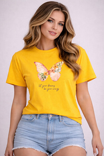 herkesemoda Basic T-Shirt with Butterfly Print Detail