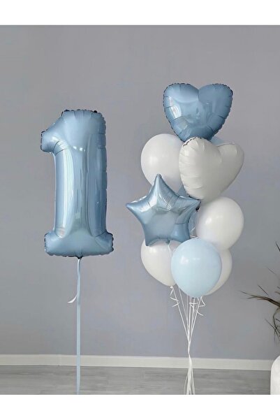 Çemrek Süs Parti Blue 1 Year Old Foil Heart Star Balloon Balloon Bundle Set 1...