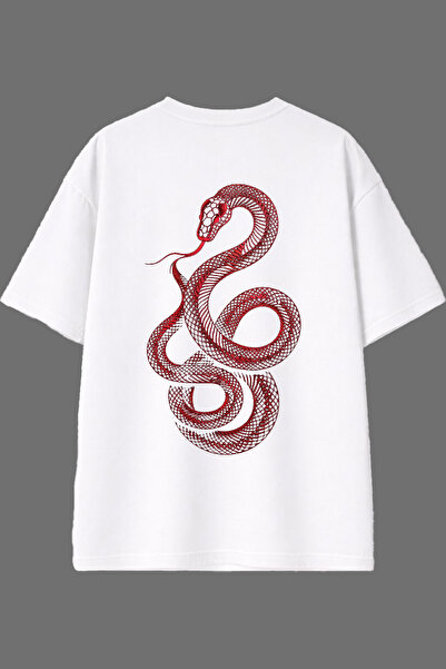 VSRN Tricou oversize alb cu imprimeu pe spate cu design șarpe roșu