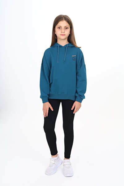 Toontoy Girl's 2-Piece Set Printed Hooded Off-Shoulder Sweatshirt & Basic Pla...