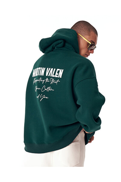 martin valen Men's "Slogan" Embossed Printed Extra Green Oversize Hoodie
