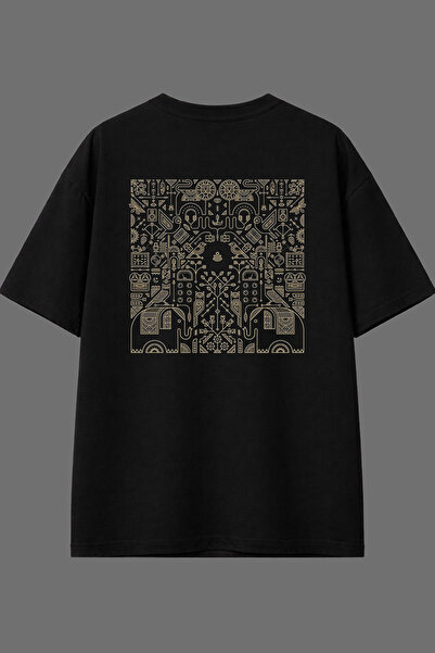 VSRN Tricou oversize negru cu imprimeu pe spate cu design cu ilustrații antice