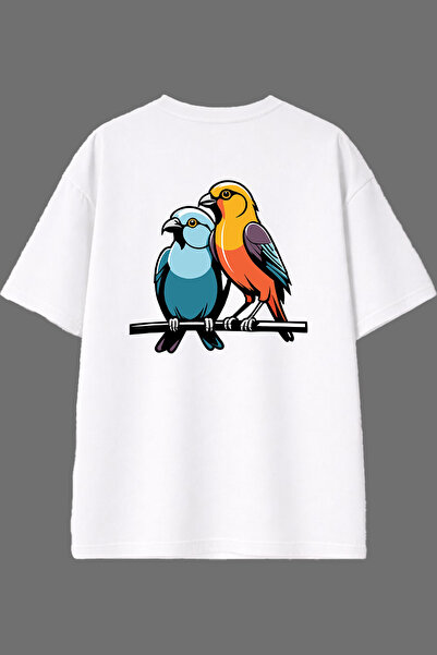 VSRN Tricou alb oversize cu imprimeu pe spate, design Lovebirds