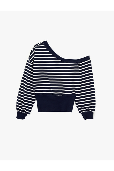 Koton Rahat Kalıp Uzun Kollu Kayık Yaka Çizgili Sweatshirt
