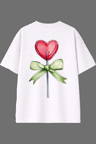 VSRN تي شيرت أبيض كبير الحجم بتصميم قلب مطبوع من الخلف
