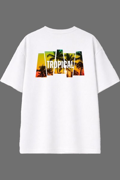 VSRN Tricou oversize alb cu imprimeu la spate Tropical Design