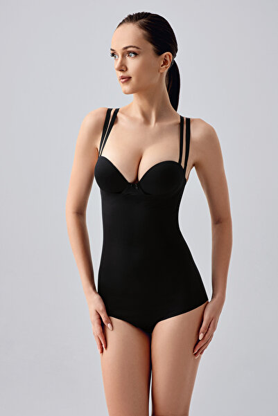 Kompedan Women's Laser Cut Strap Slip Corset |   Black 9240