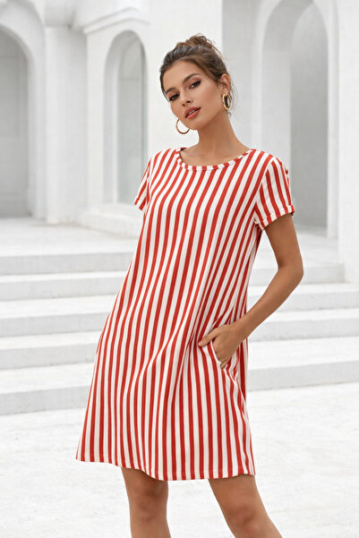 Rich Rochie midi cu dungi roșii, cu două buzunare laterale și decolteu tip cr...