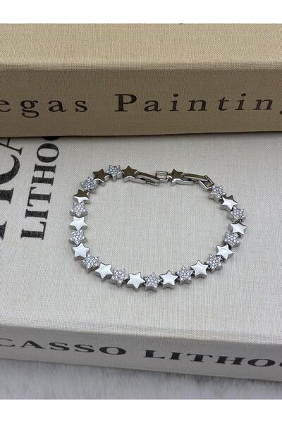 Hedef Bijuteri Silver Color Zircon Stone Star Model Bracelet Cm16