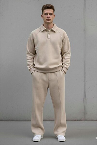 CAST COLLECTİON Men's Beige Roberto Buttoned Top and Bottom Set
