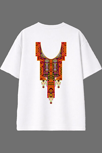 VSRN Tricou oversize alb cu imprimeu pe spate și design cu model complex