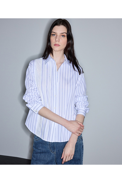 İpekyol Dantel şeritli çizgili gömlek