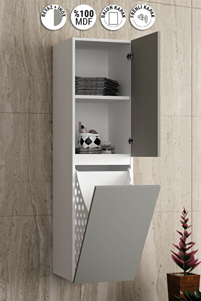 ÖZCEDEN Yıldız 35*130 cm Beyaz-İnox Balon MDF Asma Sepetli Banyo Boy Dolabı