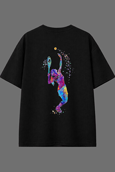 VSRN تي شيرت أسود كبير الحجم بتصميم التنس وطباعة خلفية