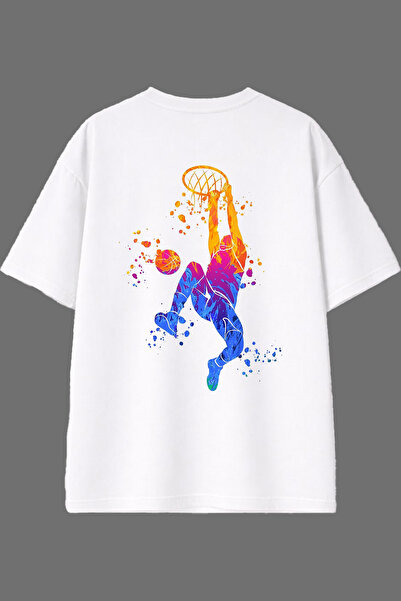 VSRN تي شيرت أبيض كبير الحجم بتصميم لاعب كرة السلة وطباعة خلفية