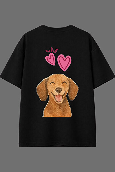 VSRN تي شيرت أسود كبير الحجم بتصميم كلب على شكل قلب وطباعة خلفية