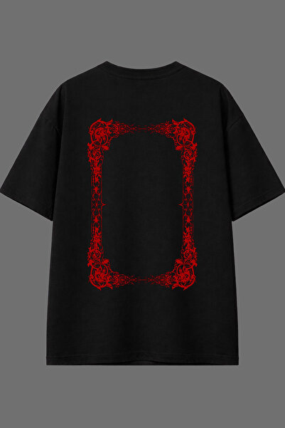 VSRN تي شيرت أسود كبير الحجم بتصميم إطار أحمر وطباعة خلفية