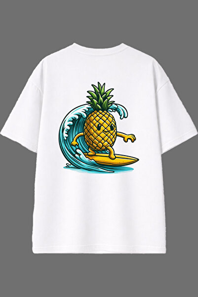 VSRN Surfer Pineapple Design Back Printed White Oversize T-Shirt