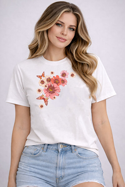 herkesemoda Detaliu imprimat cu flori roz basic tricou