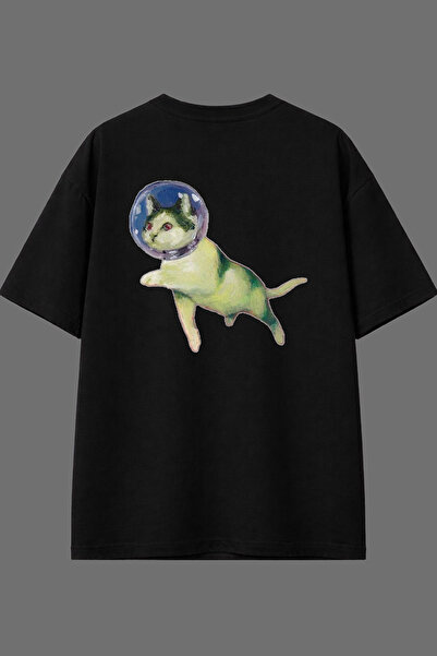 VSRN Μπλουζάκι Astronaut Cat Design με στάμπα στην πλάτη, μαύρο, oversized