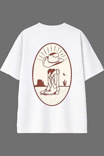 VSRN Women's Cowboy Design with Boots and Back Print White Oversize T-Shirt