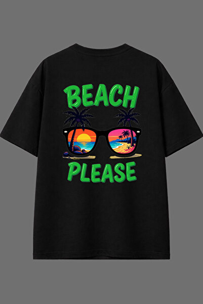 VSRN Tricou negru oversize cu imprimeu pe spate Beach Please Tasarım