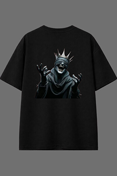 VSRN تي شيرت أسود كبير الحجم بتصميم تاج الوحش مطبوع من الخلف