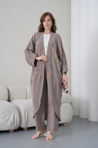 Miss Allos Women's Front Embroidered Beaded Linen Kimono Cardigan and Pants T...
