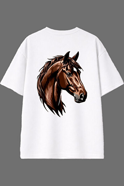 VSRN Tricou supradimensionat alb cu imprimeu pe spate Horse 3 Design