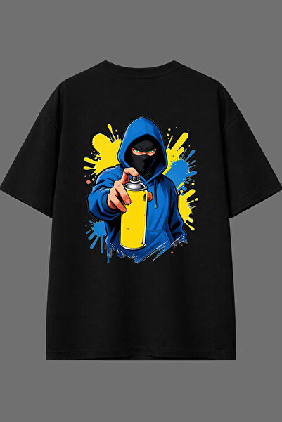 VSRN Tricou oversize negru cu imprimeu pe spate, design Graffiti Blue