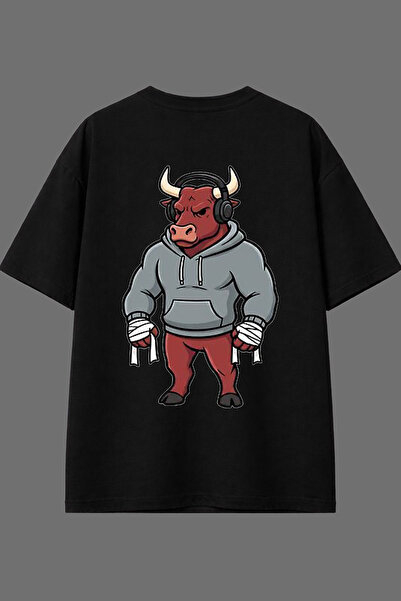 VSRN تي شيرت أسود كبير الحجم بتصميم Angry Bull مطبوع من الخلف
