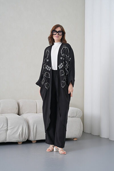 Miss Allos Women's Front Embroidered Beaded Linen Kimono Cardigan and Pants T...