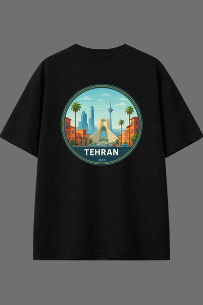 VSRN Tricou negru supradimensionat cu imprimeu pe spate, design Teheran, Iran