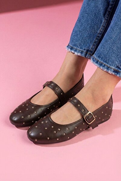 FUGA MODA Chrome Brown Leather Metal Mini Trocley Belted Premium Ballerinas