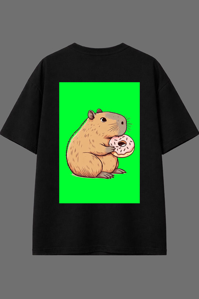 VSRN Donut Eating Capybara Design Black Oversize T-Shirt with Back Print